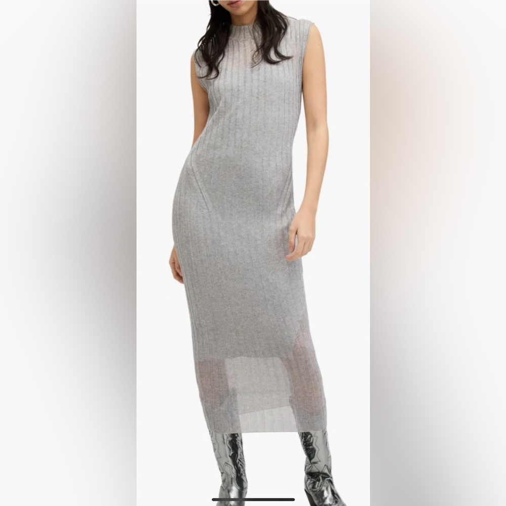 All Saints Patrice Silver Knit MIDI Maxi Dress cap sleeves Size M NEW